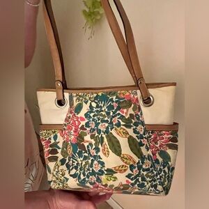 Floral Tote Bag with Tan Accents